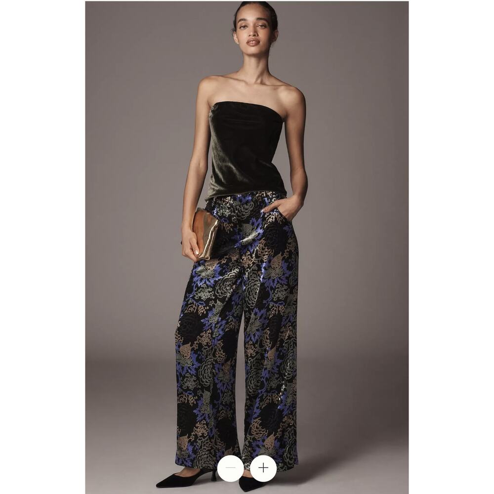 Anthropologie Pants 6 Multicolor Floral Velvet Wide Leg Low-Rise Printed Pleated